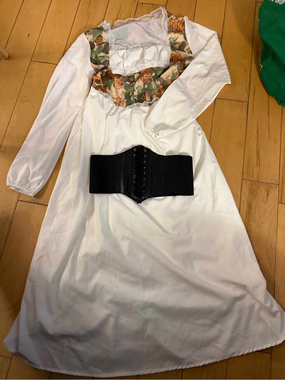 White Peasant-Style Maxi Dress with Floral Yoke and corset